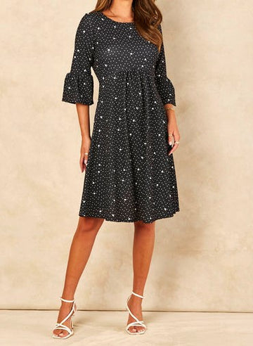 FLUTE SLEEVE STAR AND SPOT PRINTED SKATER DRESS Signage